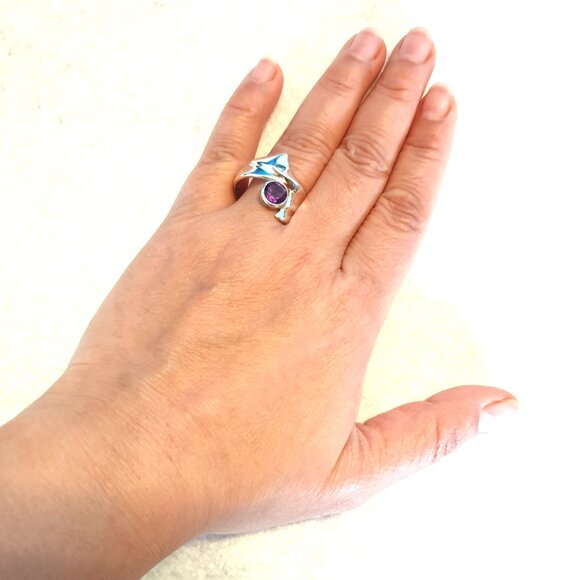 Unique Vintage Sterling Silver Natural Amethyst Floral Statement Ring – Size 9 - Picture 9 of 15